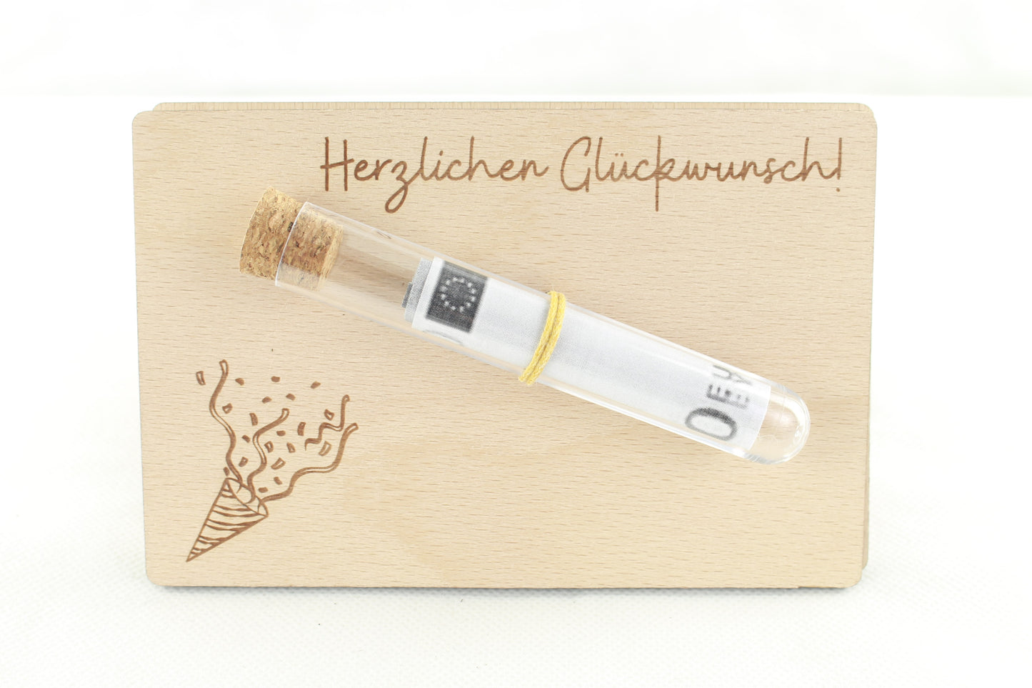Gutscheinhalter aus Buche mit Reagenzglas