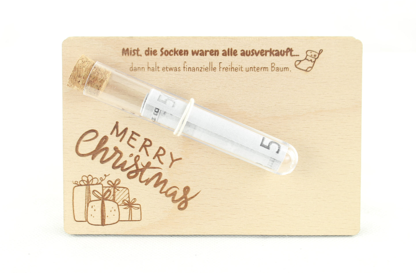 Gutscheinhalter aus Buche mit Reagenzglas