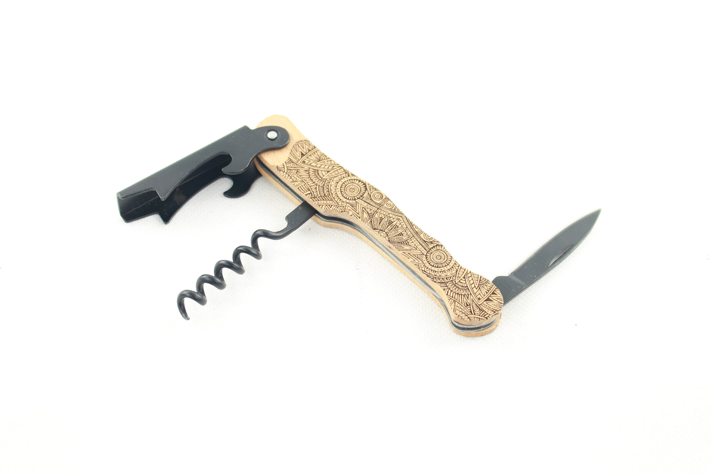 Weinöffner aus Buche mit Gravur – Korkenzieher und Kellnermesser personalisiert